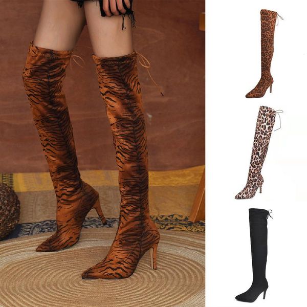 boots women's high shoes laceing pointed heels leopard fashion resilience ladies long botas feminina, Black
boots women's high shoes laceing pointed heels leopard fashion resilience ladies long botas feminina, Black