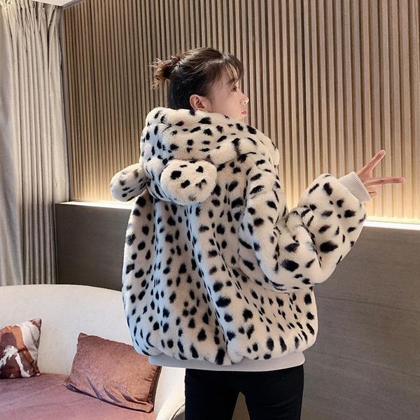 women's wool winter leopard print coat thickened sweet cute hooded rabbit ears hairy feminine temperament fashion warm short for women, Black
women's wool winter leopard print coat thickened sweet cute hooded rabbit ears hairy feminine temperament fashion warm short for women, Black