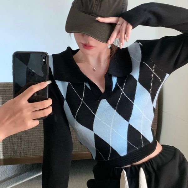 women's sweaters autumn winter contrast color knitted sweater women diamond v-neck long sleeve lapel short slim pullover, White;black
women's sweaters autumn winter contrast color knitted sweater women diamond v-neck long sleeve lapel short slim pullover, White;black