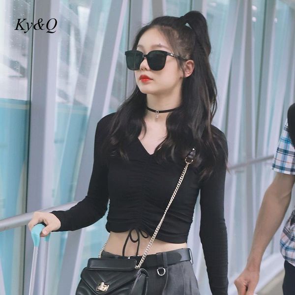 women's t-shirt v-neck black drawstring short 2021 design long sleeve women fashion exposed navel pleated clothes, White
women's t-shirt v-neck black drawstring short 2021 design long sleeve women fashion exposed navel pleated clothes, White