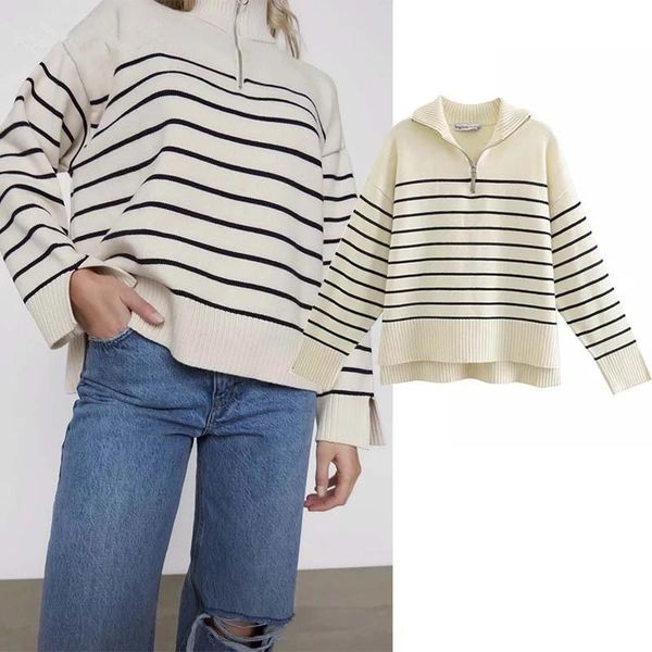 women's sweaters women 2021 fashion stripe loose zipper knitting vintage long sleeve asymmetry female pullover, White;black
women's sweaters women 2021 fashion stripe loose zipper knitting vintage long sleeve asymmetry female pullover, White;black