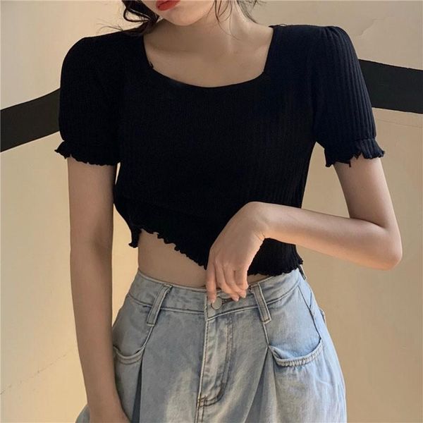 women's t-shirt 2021 summer women square collar ruffles knitting fashion short solid sleeve t-shirts, White
women's t-shirt 2021 summer women square collar ruffles knitting fashion short solid sleeve t-shirts, White