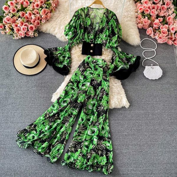 women's two piece pants autumn elegant floral chiffon suit summer flare sleeve high waist wide leg set female outfit, White
women's two piece pants autumn elegant floral chiffon suit summer flare sleeve high waist wide leg set female outfit, White