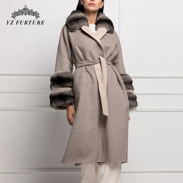 women's fur & faux 2021 women spring woolen lapel coat rex collar cuffs cashmere belt ladies fashion regular sleeve outerwear, Black