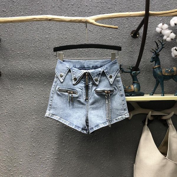 women's jeans 2021 summer graphic sense zippers denim shorts patched triangle edge buttons street pants wide leg chains short women, Blue
