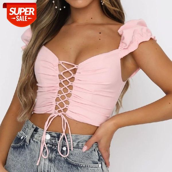 women's solid color slim cropped blouse short puff sleeve square collar low-cut skinny hollow lace-up bandage #0r7l, White
women's solid color slim cropped blouse short puff sleeve square collar low-cut skinny hollow lace-up bandage #0r7l, White