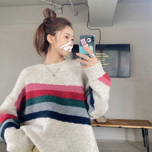 women's sweaters 2021 autumn winter women harajuku rainbow sweater casual female striped pullovers knit fashion loose jumper, White;black
women's sweaters 2021 autumn winter women harajuku rainbow sweater casual female striped pullovers knit fashion loose jumper, White;black