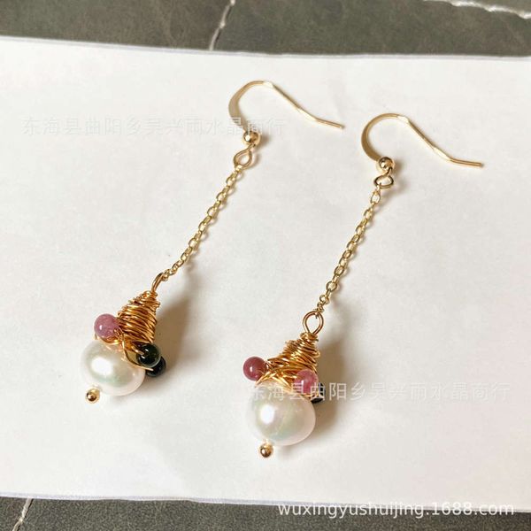 14k wrapped gold hand wound natural pearl with tourmaline beads earhook earrings, Silver
14k wrapped gold hand wound natural pearl with tourmaline beads earhook earrings, Silver