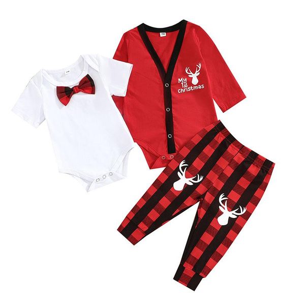 clothing sets born baby girls boys christmas clothes set long sleeve v-neck coatsolid color o-neck romper plaid print trousers outfits, White 
clothing sets born baby girls boys christmas clothes set long sleeve v-neck coatsolid color o-neck romper plaid print trousers outfits, White