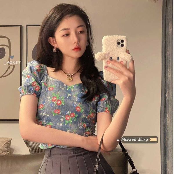 blouse women floral denim shirts square neck puff short sleeve fashion clothing crop summer casual blusa mujer retro 210610, White
blouse women floral denim shirts square neck puff short sleeve fashion clothing crop summer casual blusa mujer retro 210610, White