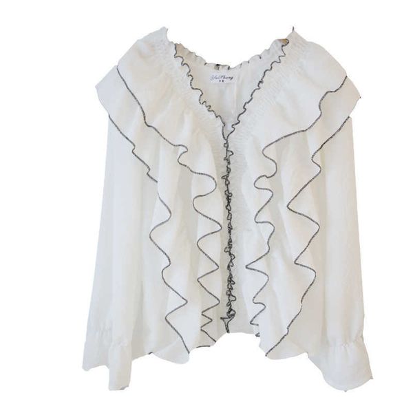 verhellen ropa mujer clothes autumn all-match v-neck contrast color ruffled flared sleeve chiffon white shirt women 210706
verhellen ropa mujer clothes autumn all-match v-neck contrast color ruffled flared sleeve chiffon white shirt women 210706