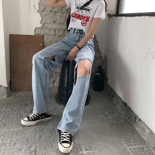 women's jeans 2021 spring and autumn versatile high waist loose elegant cut hole straight pants floor women, Blue
women's jeans 2021 spring and autumn versatile high waist loose elegant cut hole straight pants floor women, Blue