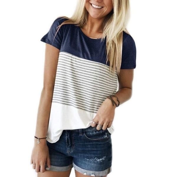 women's t-shirt elegance color block stripe casual women short sleeve round neck triple festivals classics comfort, White
women's t-shirt elegance color block stripe casual women short sleeve round neck triple festivals classics comfort, White