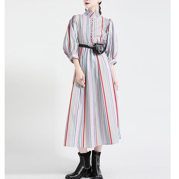 spring rainbow stripe puff sleeve woman dress retro high waist loose casual long round collar street pleated 2021 dresses, Black;gray
spring rainbow stripe puff sleeve woman dress retro high waist loose casual long round collar street pleated 2021 dresses, Black;gray