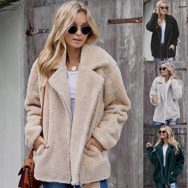 women's wool & blends 2021 cardigan plush jacket women winter style european and american lapel long sleeve zipper coat pockets solid, Black
women's wool & blends 2021 cardigan plush jacket women winter style european and american lapel long sleeve zipper coat pockets solid, Black