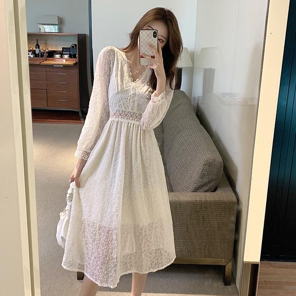 casual dresses coigarsam women's summer dress french style lace hollow out high waist v-neck milky white robe vestidos, Black;gray 
casual dresses coigarsam women's summer dress french style lace hollow out high waist v-neck milky white robe vestidos, Black;gray