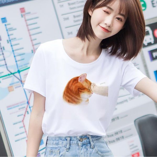 women's t-shirt cute cat print women short sleeve crew neck 2021 korean style summer kawaii casual t-shirts, White
women's t-shirt cute cat print women short sleeve crew neck 2021 korean style summer kawaii casual t-shirts, White