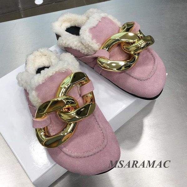 slippers pink suede metallic chain decoration flat-bottomed plush leather round-toed platform wool warm-out, Black
slippers pink suede metallic chain decoration flat-bottomed plush leather round-toed platform wool warm-out, Black