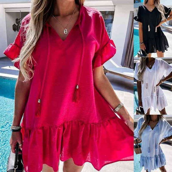 summer loose skirt dresses for women ladies pleated ruffles lace up v neck short sleeve sky blue boho mini 210514, Black;gray
summer loose skirt dresses for women ladies pleated ruffles lace up v neck short sleeve sky blue boho mini 210514, Black;gray