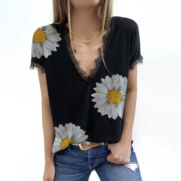 women's t-shirt ladies summer fashion v-neck daisy print short sleeve lace patchwork harajuku shirt roupas femininas, White
women's t-shirt ladies summer fashion v-neck daisy print short sleeve lace patchwork harajuku shirt roupas femininas, White