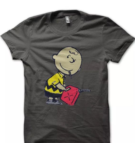 Banksy Charlie Brown smoking with petrol funny printed t-shirt OZ9163, White;black 
Banksy Charlie Brown smoking with petrol funny printed t-shirt OZ9163, White;black