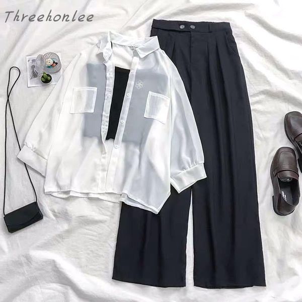 women's two piece pants 2021 summer casual woman three sets chiffon thin shirt match black sling and wide leg female korean suits, White
women's two piece pants 2021 summer casual woman three sets chiffon thin shirt match black sling and wide leg female korean suits, White