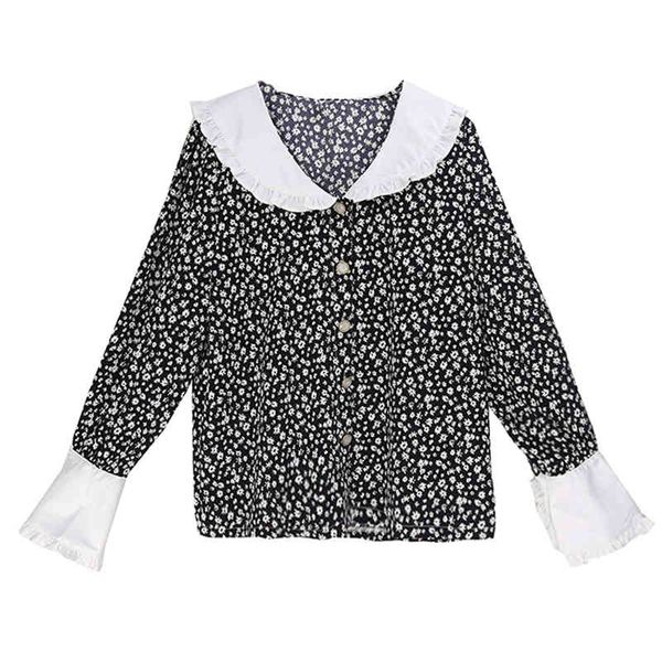 black shirt button floral print ruffle peter pan collar flare long sleeve korea japan b0757 210514, White
black shirt button floral print ruffle peter pan collar flare long sleeve korea japan b0757 210514, White