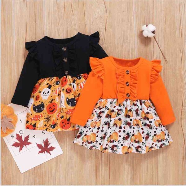 girls' spring autumn 2021 new korean solid color long sleeve halloween printed small and medium-sized children's dress, Red;yellow 
girls' spring autumn 2021 new korean solid color long sleeve halloween printed small and medium-sized children's dress, Red;yellow