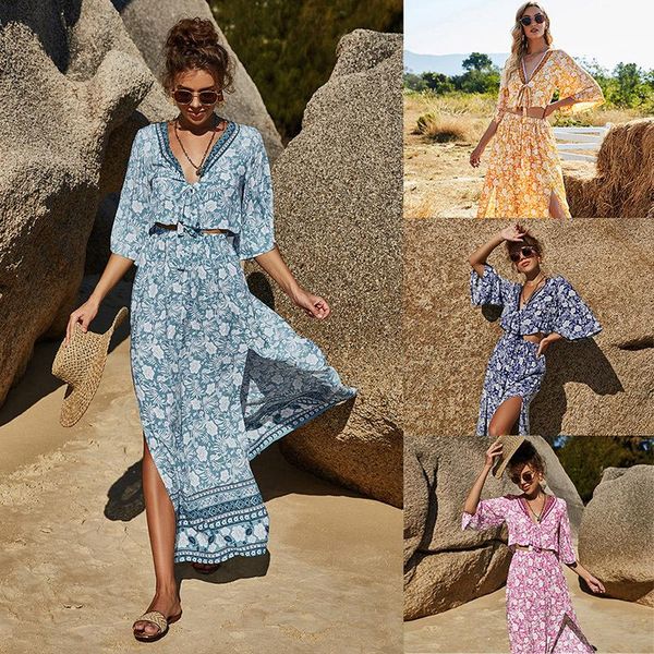 women's swimwear summer bohemian style skirt, printed long rayon clothing, v-neck blouse, two-piece beach dress, White;black
women's swimwear summer bohemian style skirt, printed long rayon clothing, v-neck blouse, two-piece beach dress, White;black