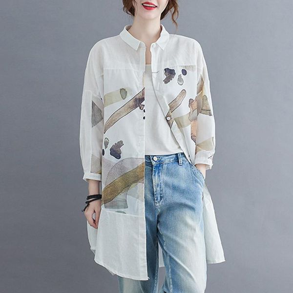 women's blouses & shirts women vintage long blouse printed pockets button turn-down collar sleeves shirt loose casual summer plus size, White
women's blouses & shirts women vintage long blouse printed pockets button turn-down collar sleeves shirt loose casual summer plus size, White