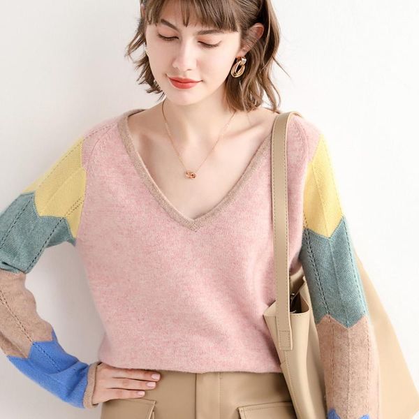 autumn and winter color sleeves color-matching v-neck 100% wool sweater loose pure knitted pullover women's sweaters, White;black
autumn and winter color sleeves color-matching v-neck 100% wool sweater loose pure knitted pullover women's sweaters, White;black