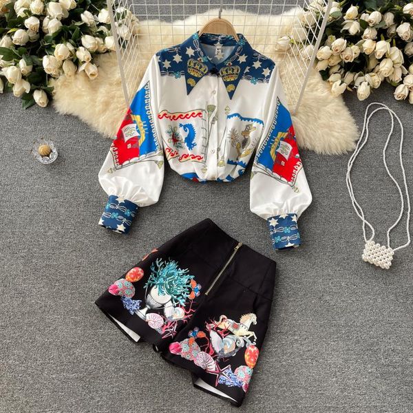 women's tracksuits 2021 spring autumn women lantern long sleeve vintage print shirts + zipper wide leg shorts two piece set female suit, Gray
women's tracksuits 2021 spring autumn women lantern long sleeve vintage print shirts + zipper wide leg shorts two piece set female suit, Gray