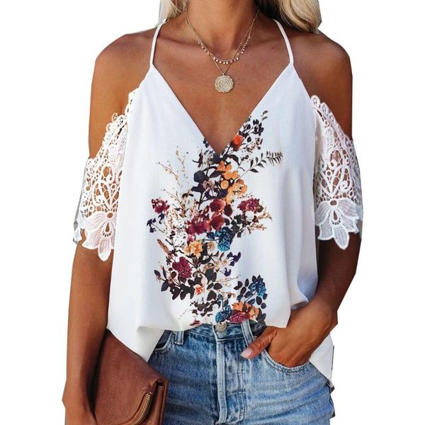 women's t-shirt lace sling fashion loose casual floral print off shoulder v-neck summer beach vacation oversized clothing, White
women's t-shirt lace sling fashion loose casual floral print off shoulder v-neck summer beach vacation oversized clothing, White