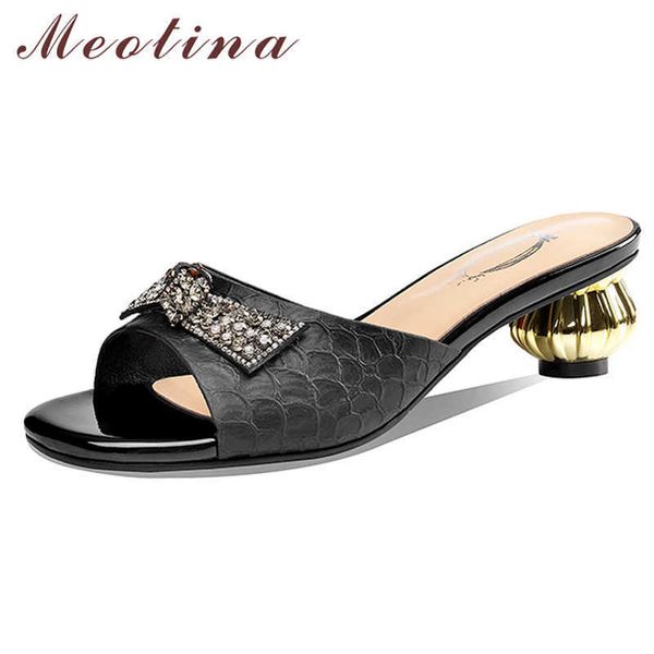 meotina women slippers crystal real leather shoes round toe strange style ladies slides summer sandals female yellow size 34-43 210608, Black 
meotina women slippers crystal real leather shoes round toe strange style ladies slides summer sandals female yellow size 34-43 210608, Black