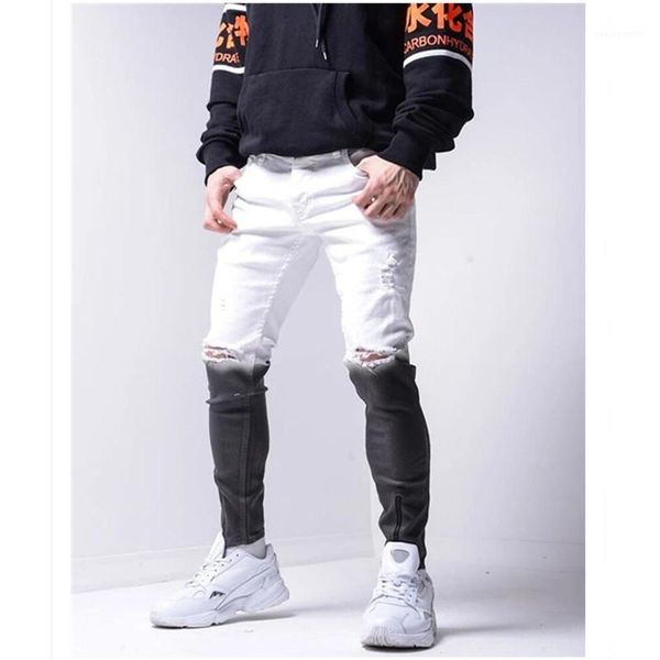 men's jeans spliced ripped hole casual slim fit zipper skinny homme brand motor biker black white color matching pants, Blue
men's jeans spliced ripped hole casual slim fit zipper skinny homme brand motor biker black white color matching pants, Blue