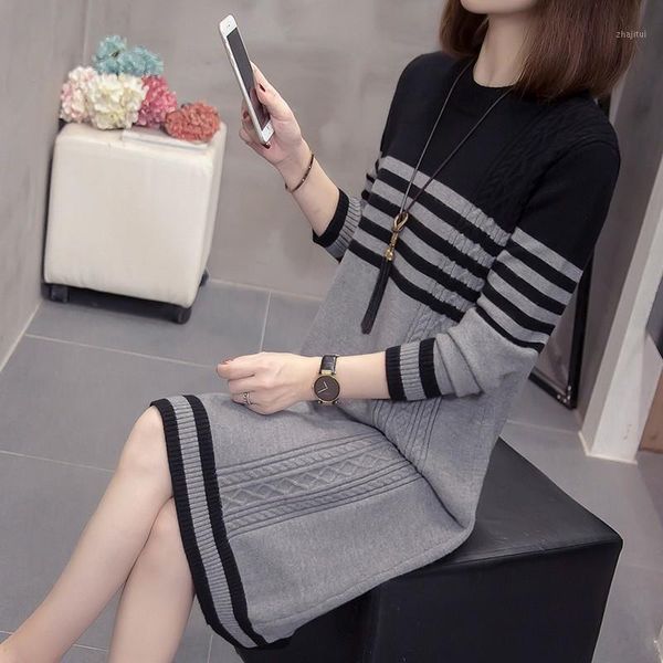 women striped long sleeve sweater dress women's casual autumn winter o-neck pull oversize knitted dresses sweaters, White;black
women striped long sleeve sweater dress women's casual autumn winter o-neck pull oversize knitted dresses sweaters, White;black