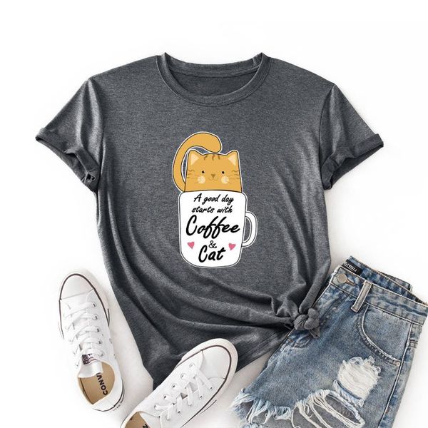 women's t-shirt woman short sleeve colored cotton graphic tees summer female shirts for women a good day starts with coffee and cat, White
women's t-shirt woman short sleeve colored cotton graphic tees summer female shirts for women a good day starts with coffee and cat, White