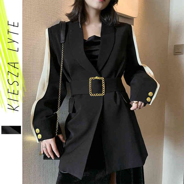 women's metal gold buckle black blazers fashion ladies jacket outwear mujer quality, White;black
women's metal gold buckle black blazers fashion ladies jacket outwear mujer quality, White;black
