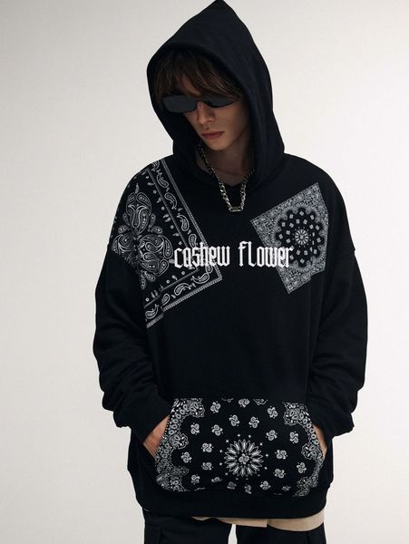 men paisley & letter graphic kangaroo pocket hoodie s3gs#, Black 
men paisley & letter graphic kangaroo pocket hoodie s3gs#, Black