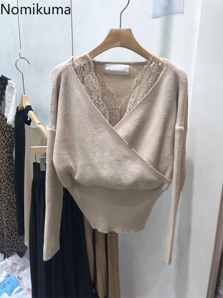 nomikuma korean lace patchwork cross v-neck knitwear long sleeve slim waist women sweater 2021 spring pullover 6e211 women's sweaters, White;black
nomikuma korean lace patchwork cross v-neck knitwear long sleeve slim waist women sweater 2021 spring pullover 6e211 women's sweaters, White;black