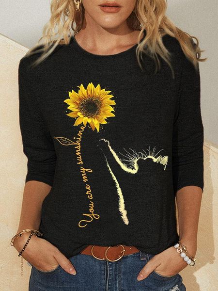 women's t-shirt round neck long-sleeved tie-dye printing pullover slim casual sunflower tshirts, White 
women's t-shirt round neck long-sleeved tie-dye printing pullover slim casual sunflower tshirts, White