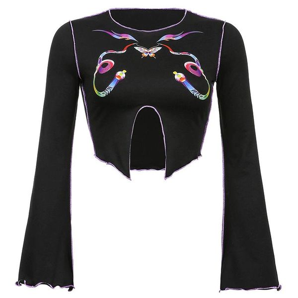 women's t-shirt color butterfly print wavy side 2021 irregular slit open umbilical trumpet sleeve fresh and sweet girl, White
women's t-shirt color butterfly print wavy side 2021 irregular slit open umbilical trumpet sleeve fresh and sweet girl, White