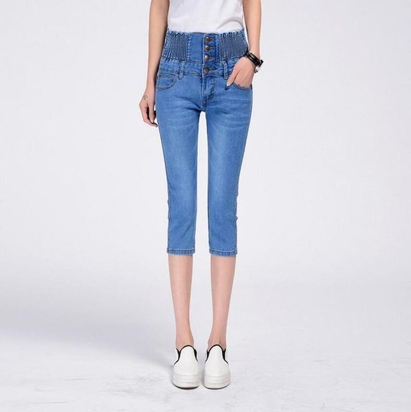 women's jeans women high waist button summer knee length female tight elasticity small denim pants korean version cuffs thin jean, Blue
women's jeans women high waist button summer knee length female tight elasticity small denim pants korean version cuffs thin jean, Blue