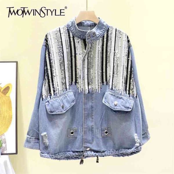 patchwork sequin denim for women lapel long sleeve hit color hole casual jackets female spring fashion 210524, White
patchwork sequin denim for women lapel long sleeve hit color hole casual jackets female spring fashion 210524, White