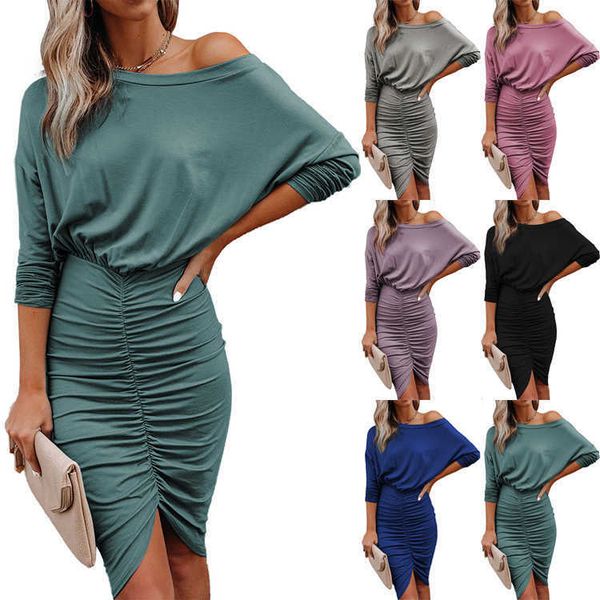 sleeved dress 2021 autumn winter women's long sleeved middle skirt solid color slant shoulder slim fit wrinkled hip wrap drs, Black;gray
sleeved dress 2021 autumn winter women's long sleeved middle skirt solid color slant shoulder slim fit wrinkled hip wrap drs, Black;gray