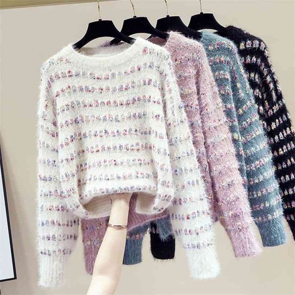 korean casual loose knitted sweater women winter fashion elegant stripe mink cashmere warm pullover jumpers 210514, White;black
korean casual loose knitted sweater women winter fashion elegant stripe mink cashmere warm pullover jumpers 210514, White;black