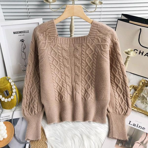 women's sweaters square collar twist striped sweater short 2021 autumn and winter wear retro casual solid color knitted top, White;black
women's sweaters square collar twist striped sweater short 2021 autumn and winter wear retro casual solid color knitted top, White;black