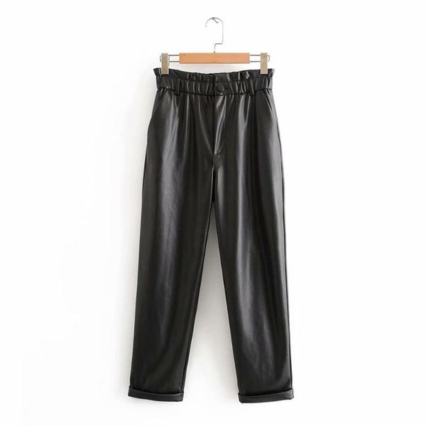 women's pants & capris 2021 women vintage pleated ruffles elastic waist pu leather straight chic long trousers ladies zipper mujer p599, Black;white
women's pants & capris 2021 women vintage pleated ruffles elastic waist pu leather straight chic long trousers ladies zipper mujer p599, Black;white