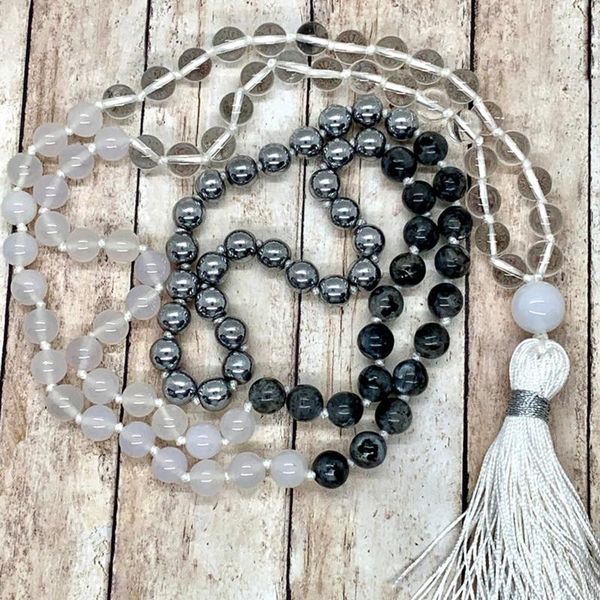 chains grounding clarity mala necklace 108 beads knotted tassel yoga jewelry clear q-uartz, white stpone labradorite and hematite, Silver
chains grounding clarity mala necklace 108 beads knotted tassel yoga jewelry clear q-uartz, white stpone labradorite and hematite, Silver