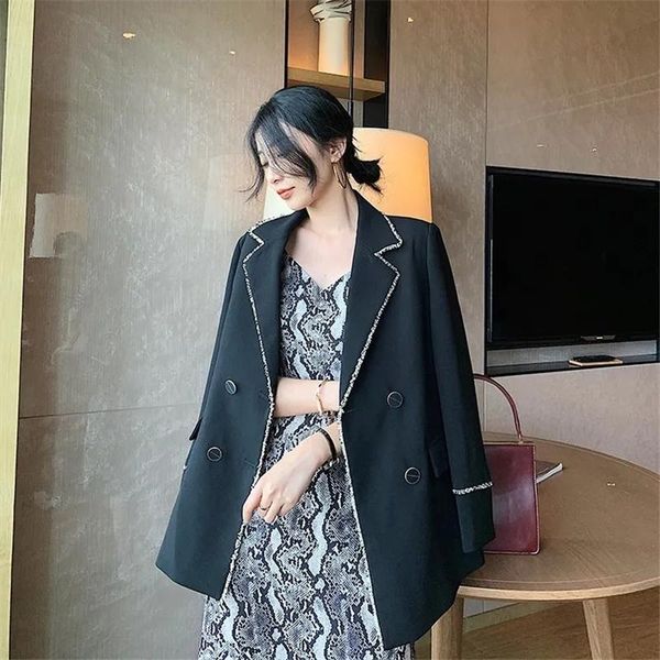 women's suits & blazers elegant office work wear business vintage double breasted black blazer women spring korean loose suit coat fema, White;black
women's suits & blazers elegant office work wear business vintage double breasted black blazer women spring korean loose suit coat fema, White;black